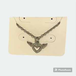Heart with Rhinestones and Angel Wings Necklace Pendant Jewelry Silver Color